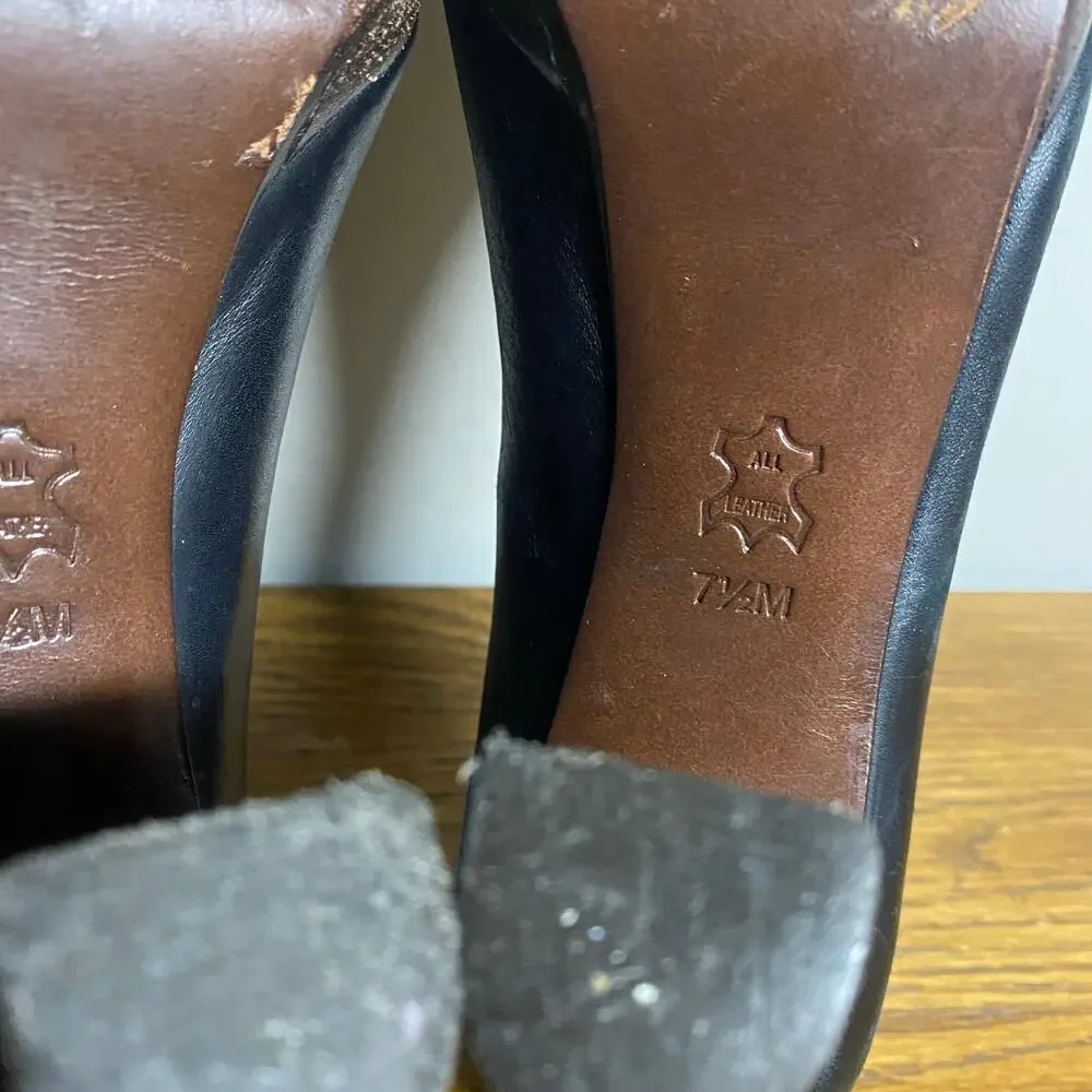 Tory Burch Women’s 7.5M Black Leather Block High Heel Pumps Big Logo Round Toe